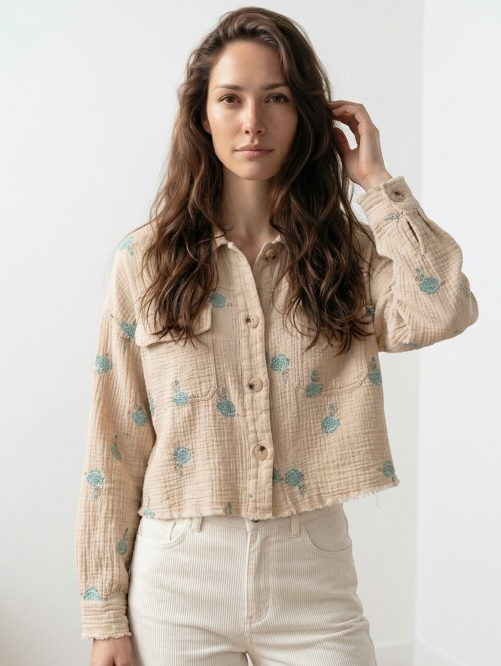 cotton double gauze cropped jacket Blue Embroidered Flowers Raw edge Hem M